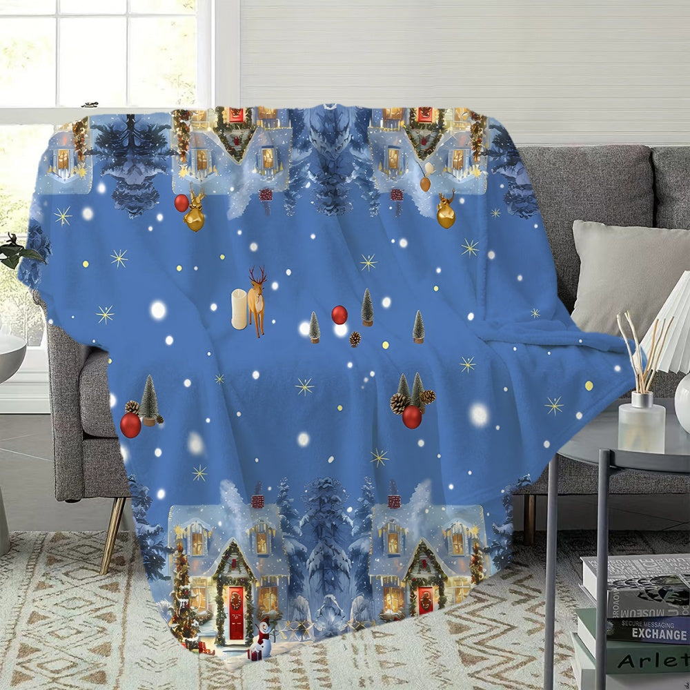 1pc Christmas Snowy Cottage And Reindeer Pattern Blue Flannel Blanket, Soft Comfortable Warm, Winter Design, All-Season Blanket, Warm Cover, Multiple Sizes Available, Suitable for Living Room Sofa, Bedroom, Reading Corner, Leisure Time