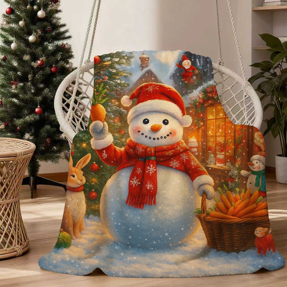 1pc Christmas Snowman And Carrot Flannel Blanket, Red And White Warm-Toned Design, Durable Plush Warm Throw, Suitable for Weekend Sofa Naps, Reading Time, Dormitory Life, Bedroom Bedside Decor