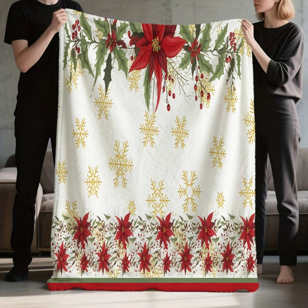 1pc, 1pc Christmas Floral And Snowflake Pattern Flannel Blanket, Soft Comfortable Warm, White Background with Golden Snowflakes And Red Flowers Design, Durable Plush, All-Season Sofa Blanket, Warm Cover, Multiple Sizes Available
