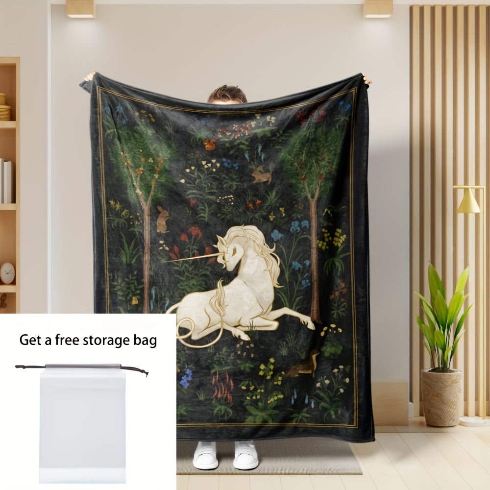 1pc 2D Flat Printing, Unicorn And Forest Theme Blanket, Soft Fleece Blanket - Black Retro Design, Multi-Size Available, Suitable for Living Room, Bedroom, Sofa, And Reading Nook