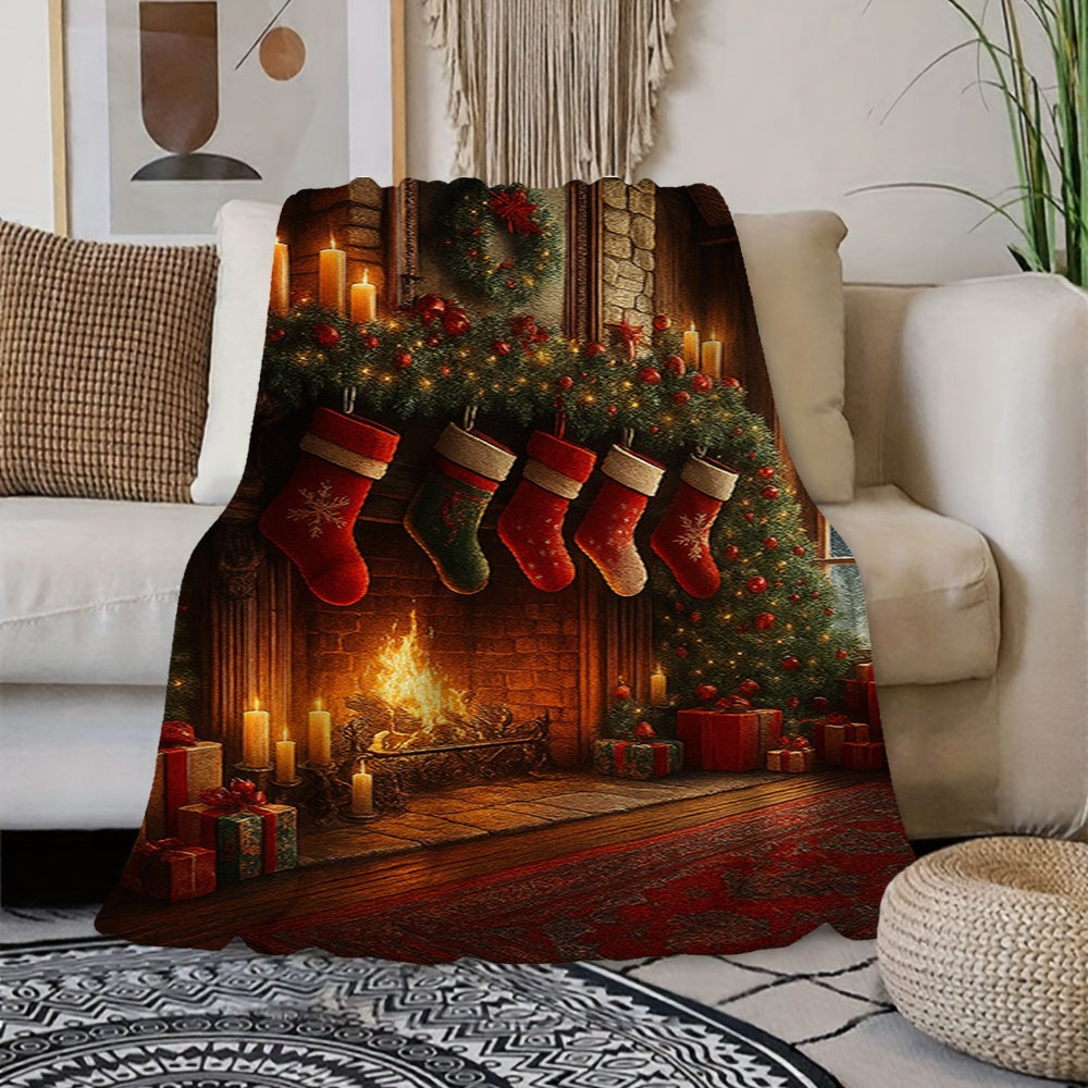 1pc Christmas Fireplace And Stocking Pattern Golden-Toned Flannel Blanket, Festive Warm Design, Soft Plush All-Season Use, Suitable for Living Room Sofa Cover, Reading Time And Weekend Naps