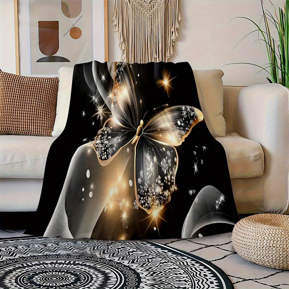 1pc 2D Flat Printing, Golden Butterfly And Starlight Blanket, Soft Fleece Blanket - Black And Golden Design, Multi-Size Available, Suitable for Living Room, Bedroom, Sofa, And Casual Use