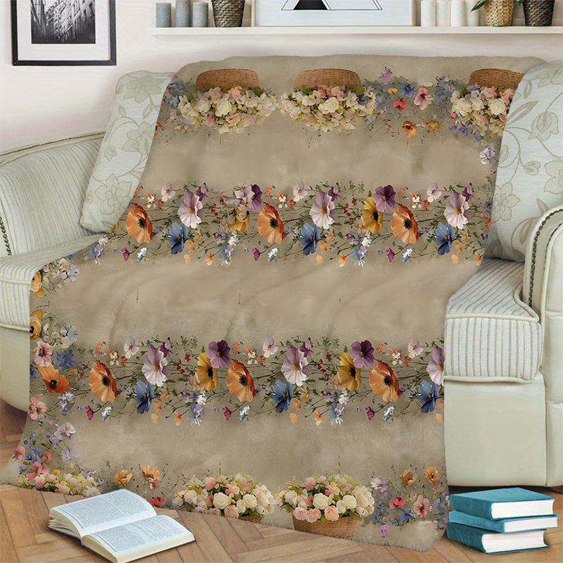 1pc Floral Pattern Blanket, Pastoral Style Design, Soft Plush Surface, Lightweight and Durable Flannel Material, Available in Multiple Sizes, Perfect for Holiday Gatherings, Living Room Lounging, Bedroom Warmth, Study Reading, and Seasonal Home Decor