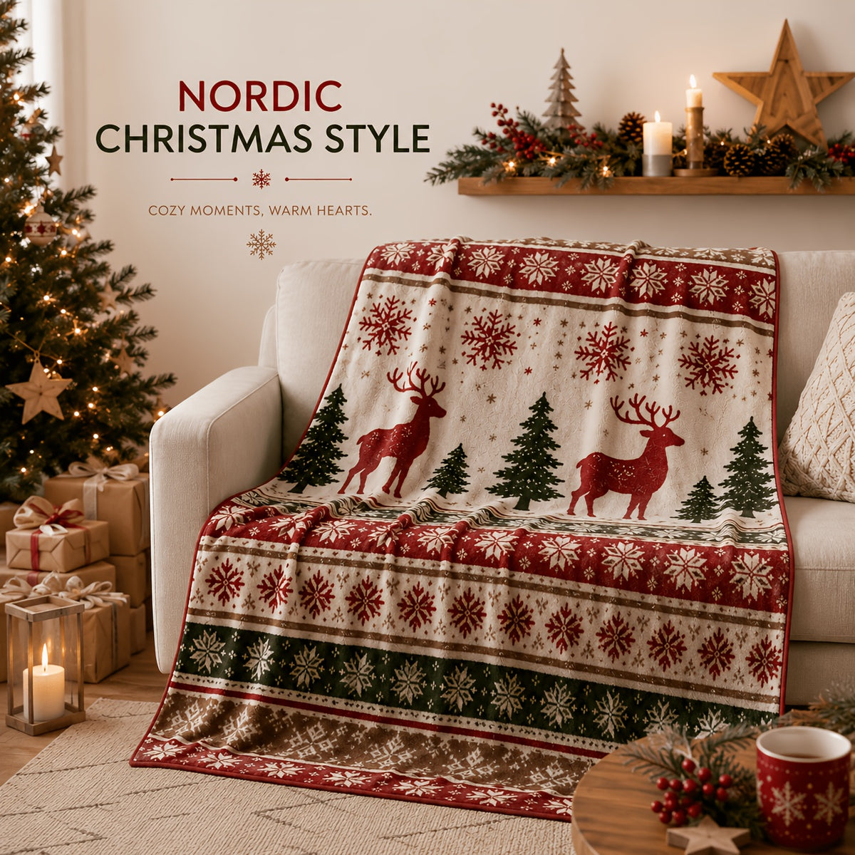 Blanket, Nordic Caribou Snowflake Christmas Flannel Blanket Autumn and Winter Warmth Living Room Sofa Blanket Bedroom Blanket Lunch Break Air Conditioning Blanket