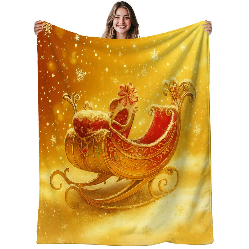1 Christmas Sleigh and Snowflake Flannel Blanket, Golden Warm-toned Design, Durable Plush Warm Throw Blanket, Suitable for Living Room Sofa Cover, Weekend Sofa Naps, RV Travel