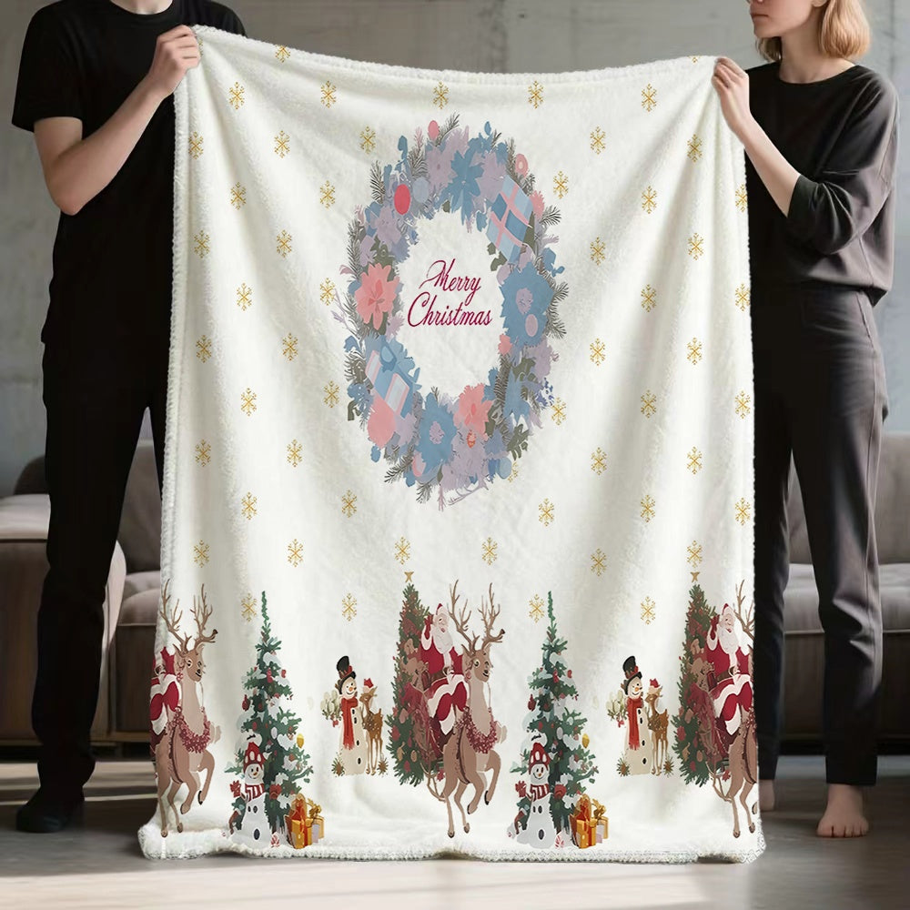 1pc Christmas Wreath And Snowman Reindeer Pattern Flannel Blanket, Soft Comfortable Warm, White Festive Design, All-Season Sofa Blanket, Warm Cover, Multiple Sizes Available, Suitable for Living Room Sofa, Bedroom, Reading Area, Rest Area
