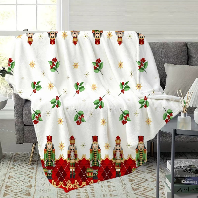 1pc 2D Flat Printing Christmas Nutcracker Blanket, Soft Fleece Blanket - White Background with Red And Green Decor, Multi-Size Available, Suitable for Living Room, Bedroom, Sofa, And Casual Area