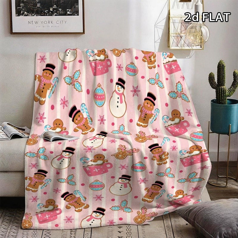 Pink Theme Christmas Pattern Blanket, Comfortable Lunch Break Blanket with Snowman, Gingerbread for Man, Reindeer, Snowflake and Other Holiday Prints, Multi-specification Optional, Suitable for All Family Members, Mothers, Sisters, Fathers,