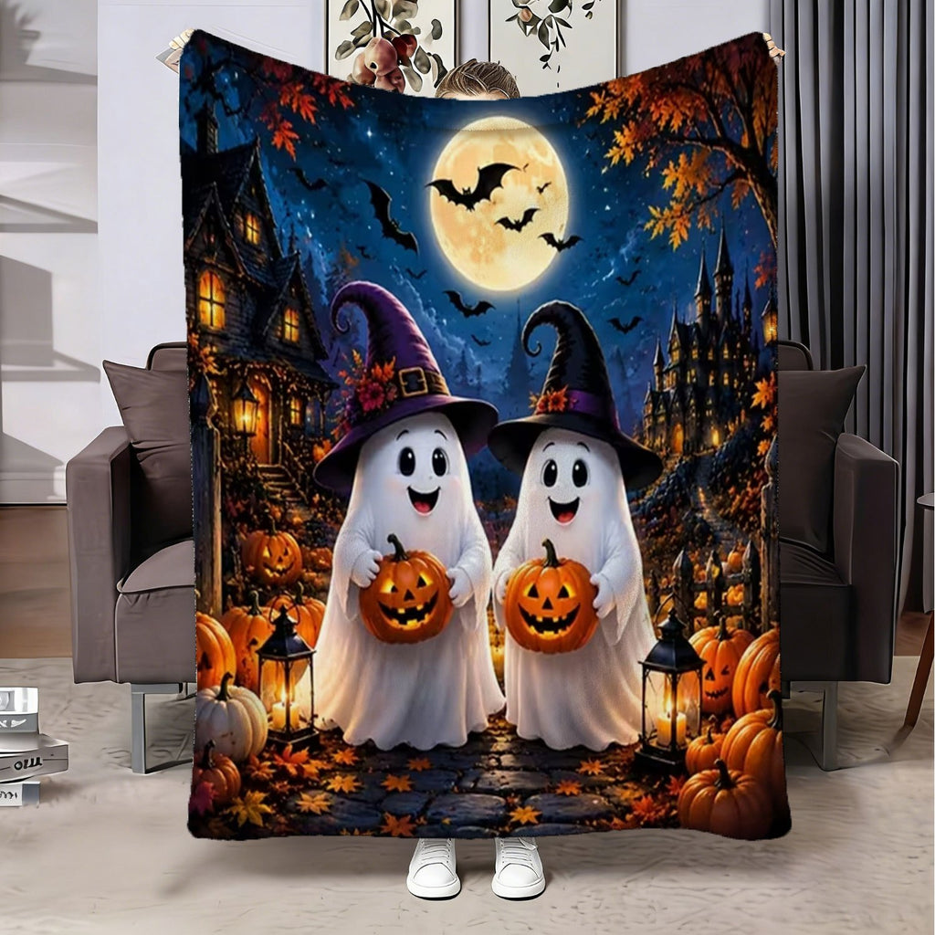 1pc Halloween Fleece Blanket, Soft Comfortable Throw Blanket with Pumpkin Ghost Bat Moon Pattern, Suitable for Office, Sofa, Living Room, Warm Decorative Item, Home Holiday Decor Gift