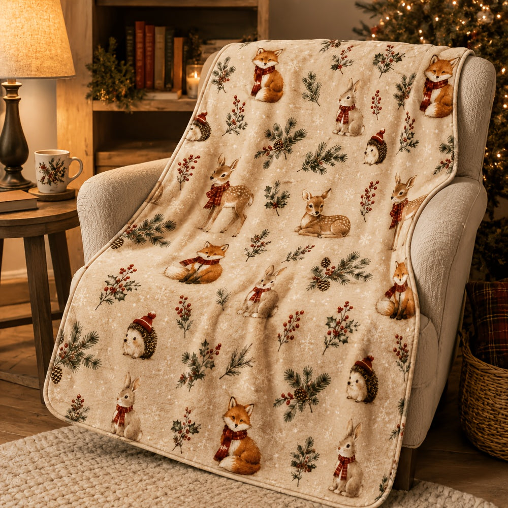 Blanket, Winter Forest Animal Christmas Blanket, Fox Deer Rabbit Hedgehog Pine Branch Red Fruit Pattern Soft Blanket, Living Room Sofa Bedroom Autumn And Winter Warm Home Decoration Blanket