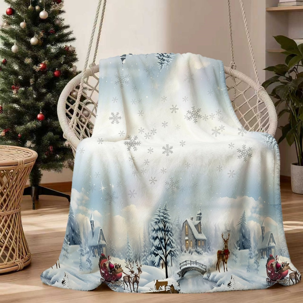 1pc, Christmas Snow Scene with Reindeer and Cabin Pattern, Soft, Comfortable, and Warm White Flannel Blanket, Winter Thermal Throw, Suitable for Living Room Sofas, Bedroom Sofa, Office Break Areas, Reading Nooks, and Holiday Decorations