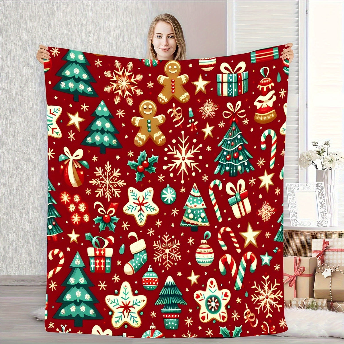 1pc Christmas Holiday Patterned Blanket, Christmas Tree And Gingerbread Design, Soft Plush, Flannel Material Lightweight And Durable, Multiple Sizes Available, Ideal for Christmas, Living Room Sofa, Bedroom Bedside, Holiday Parties, Daily Home Decor