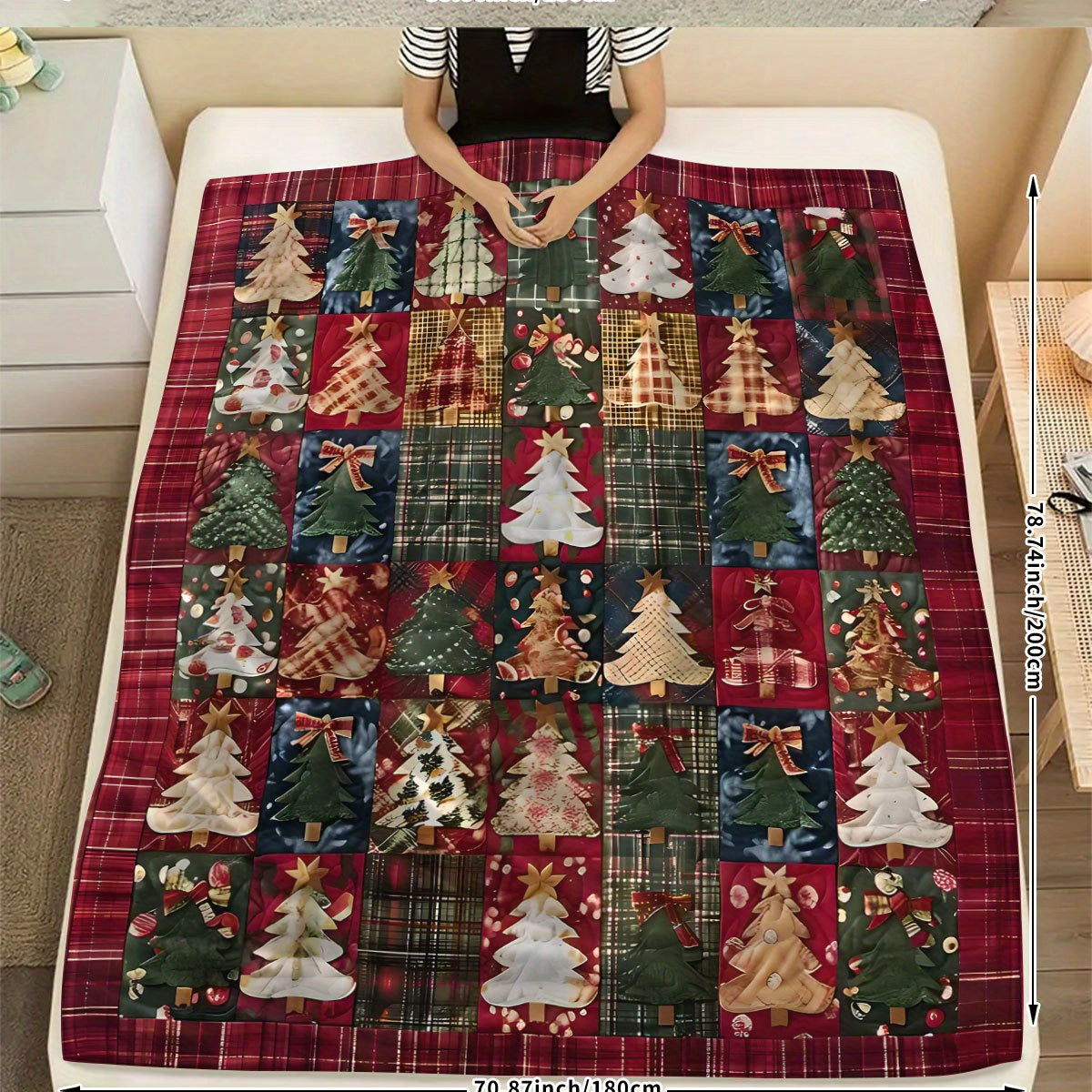 1 Comfortable Patchwork Christmas Digital Printed Flannel Blanket - Soft Four Seasons Machine Washable for Sofas, Tops, Camping and Offices - Plaid and Geometric Holiday Decor - Ideal Gift, Christmas Blanket