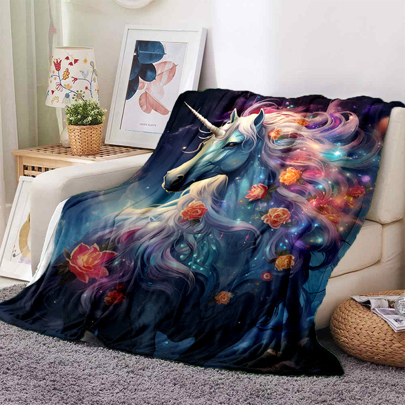 1pc 2D Flat Printing, Unicorn And Flowers Blanket, Soft Fleece Blanket - Starry Blue Design, Multi-Size Available, Suitable for Living Room, Bedroom, Balcony, Courtyard, And Reading Nook