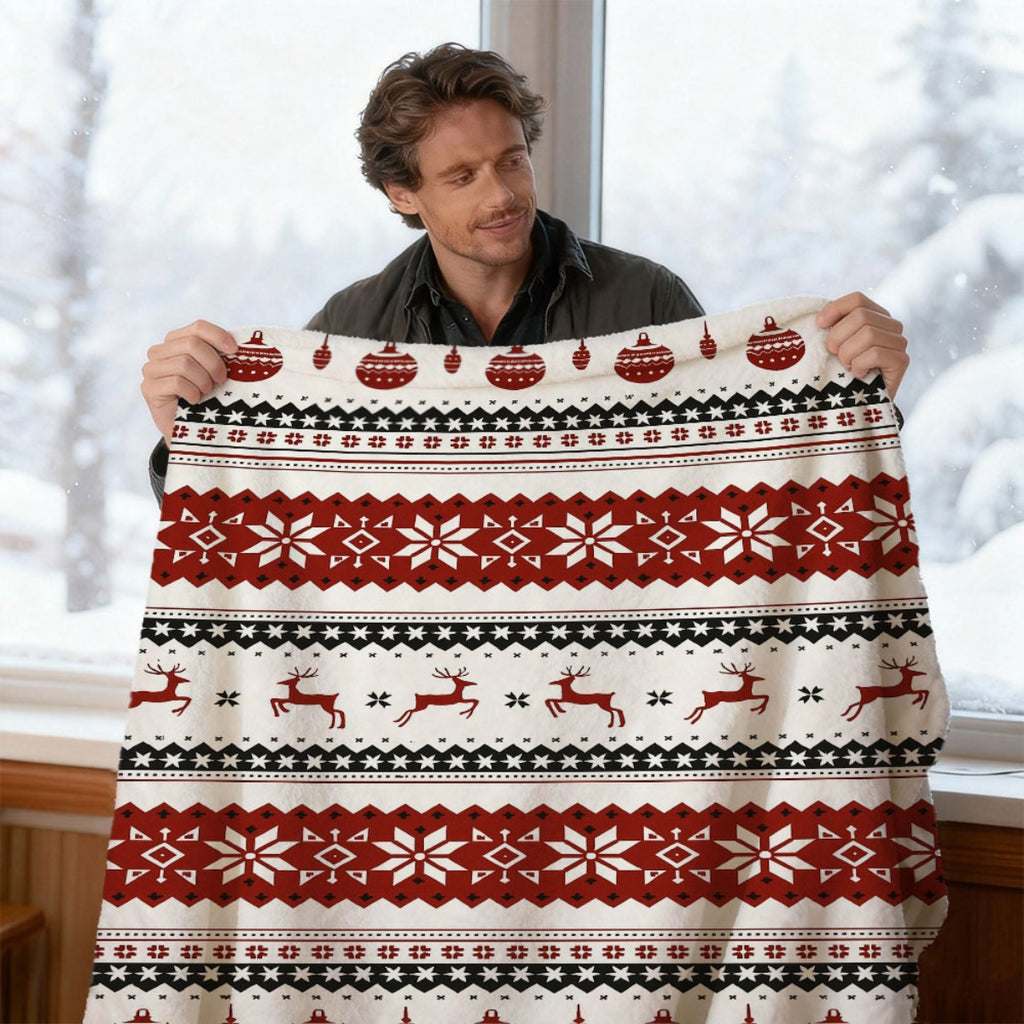 2D Flat Printing, 1pc Flannel Christmas Themed Printed Blanket, Red Reindeer and Colorful Ornament Design—Soft, Warm, and Cozy, Lightweight and Durable, Multiple Sizes Available, Perfect for Christmas, Living Room Sofa, Bedroom Couch Cover