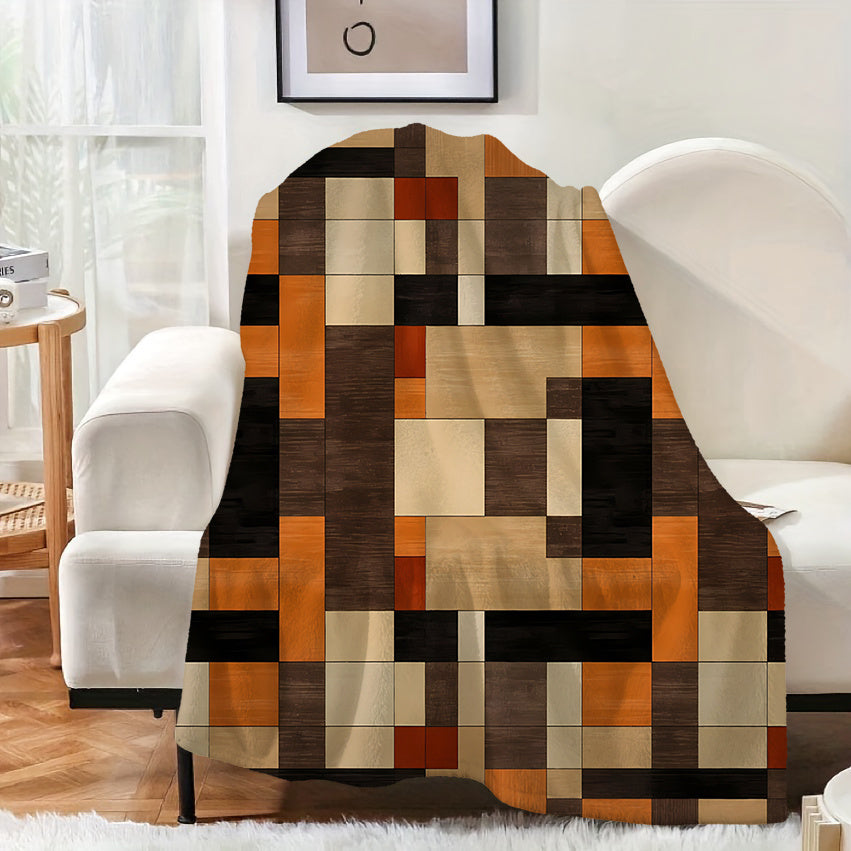 1pc Geometric Square Pattern Blanket, Modern Minimalist Style Design, Soft Plush Surface, Flannel Material Lightweight And Durable, Multiple Sizes Available, Ideal for Holiday Gatherings, Living Room Leisure, Bedroom Sleep, Study Reading