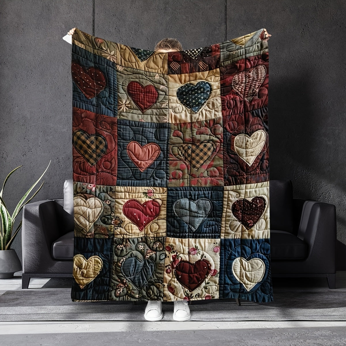 1pc Heart Patchwork Fleece Blanket, Soft Comfortable Warm, Retro Red Black Design, Durable Plush Surface, All-Season Bed Blanket, Warm Cover, Multiple Sizes Available, Suitable for Living Room Sofa, Bedroom Bedding, Casual Reading, Winter Heating