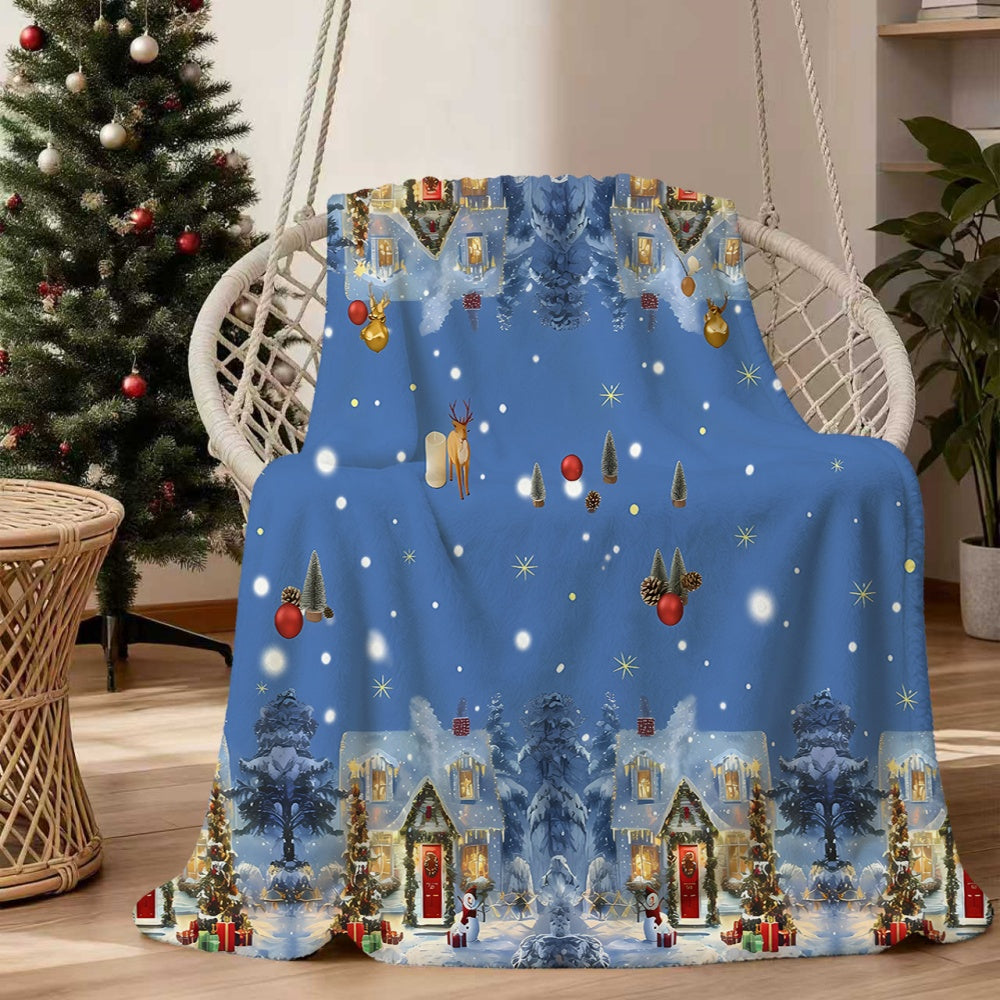 1pc Christmas Snowy Cottage And Reindeer Pattern Blue Flannel Blanket, Soft Comfortable Warm, Winter Design, All-Season Blanket, Warm Cover, Multiple Sizes Available, Suitable for Living Room Sofa, Bedroom, Reading Corner, Leisure Time