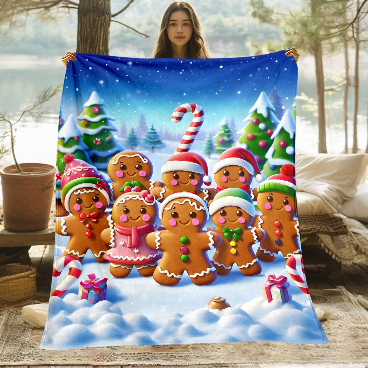 1pc Gingerbread for Man and Christmas Tree Blue Themed Flannel Large Blanket, Winter Holiday Decorative Design, Oversized Plush Throw Blanket, Suitable for Dorm Life, Home Naps, and Weekend Sofa Lounging
