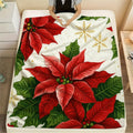 1pc of Cream Beige Flannel Blanket with Christmas Red and Green Floral and Golden Snowflake Patterns, a Christmas Winter Body Blanket, Soft Plush for All Seasons, Suitable for Holiday Home Decor, Home Naps, and Reading Time