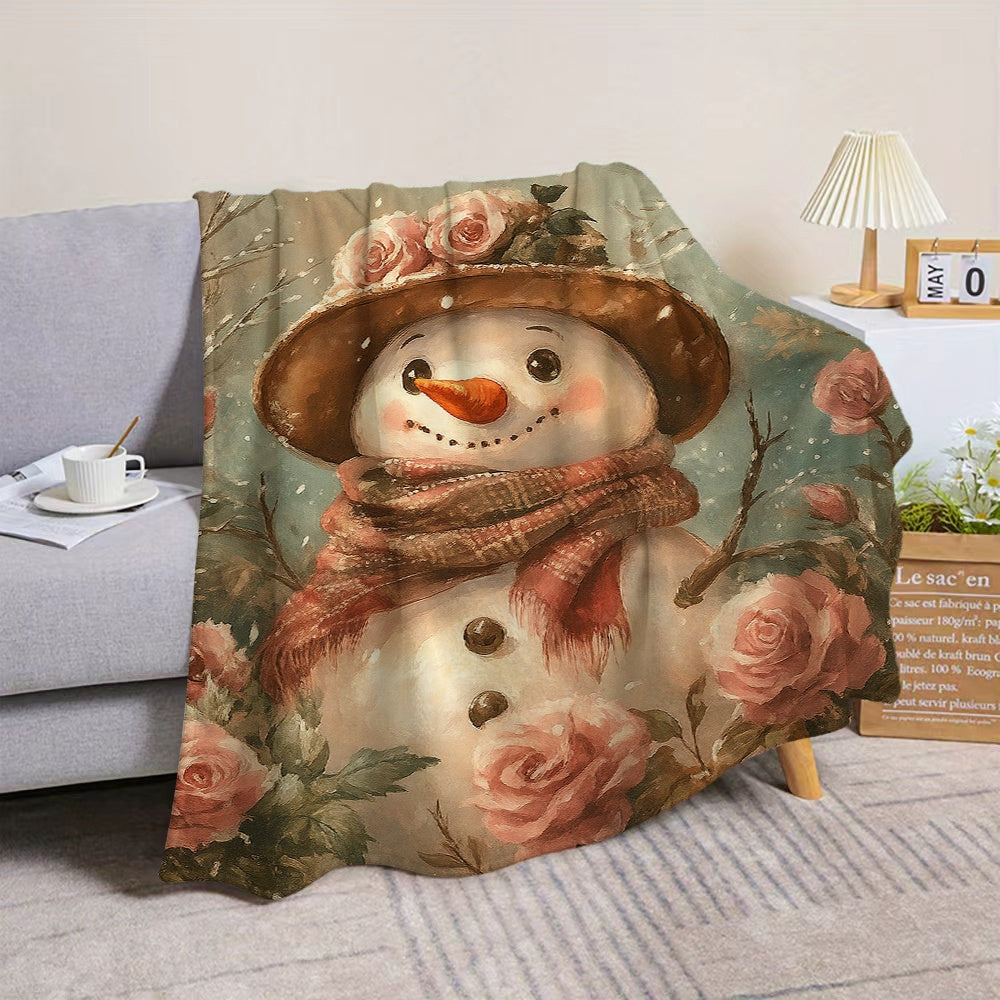 1pc, 2D Flat Snowman and Rose Floral Decorative Themed Flannel Blanket, Soft, Comfortable, and Warm, Beige-brown Holiday Design, Durable Plush Surface, Suitable for All Seasons, a Cozy Throw Blanket, Ideal for Home Naps, Reading Time, and Holiday