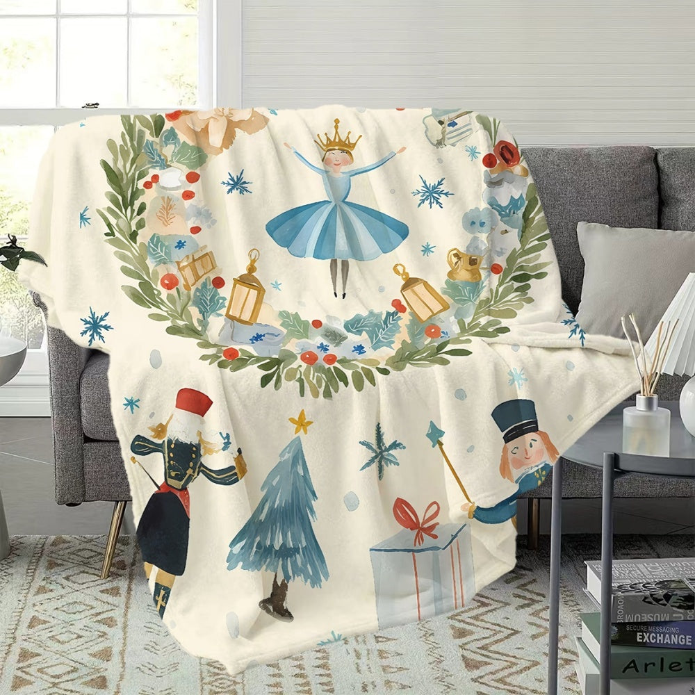 Christmas Ballet and Soldier Themed Flannel Blanket, Soft, Comfortable, and Warm, Cream-colored Design, Durable Plush Surface, All-season Universal Sofa Throw, Warm Lap Blanket, Multiple Sizes Available, Suitable for Living Room Sofas, Bedroom