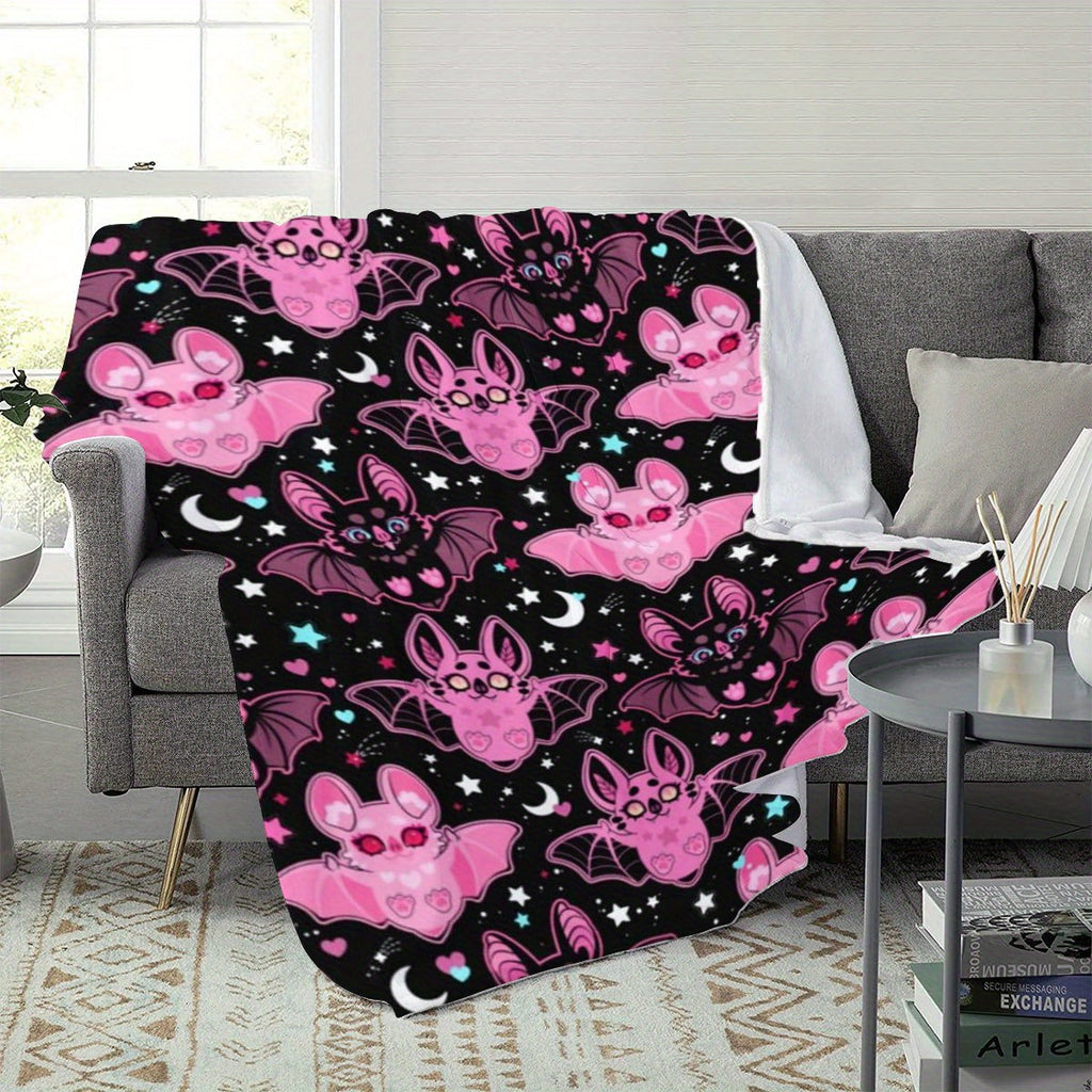 1pc 2D Flat Printing, Pink Bat And Stars Moon Blanket, Soft Fleece Blanket - Black Background with Pink Theme Design, Multiple Sizes Available, Suitable for Living Room Sofa, Bedroom, Casual Reading, Nighttime Viewing, And Holiday Decor