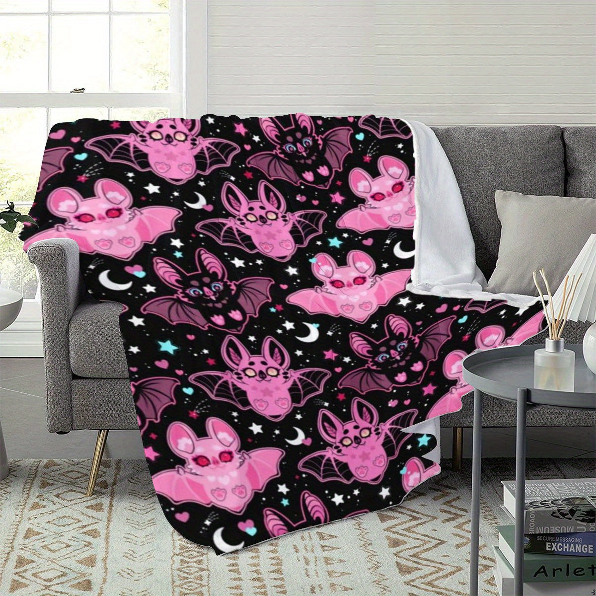 1pc 2D Flat Printing, Pink Bat And Stars Moon Blanket, Soft Fleece Blanket - Black Background with Pink Theme Design, Multiple Sizes Available, Suitable for Living Room Sofa, Bedroom, Casual Reading, Nighttime Viewing, And Holiday Decor
