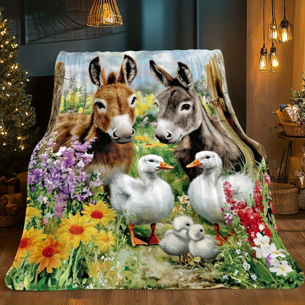 1pc 2D Flat Printing, Donkey And Duck Pastoral Theme Blanket, Soft Fleece Blanket - Colorful Floral Design, Multiple Sizes Available, Suitable for Living Room, Bedroom, Sofa, And Reading Nook