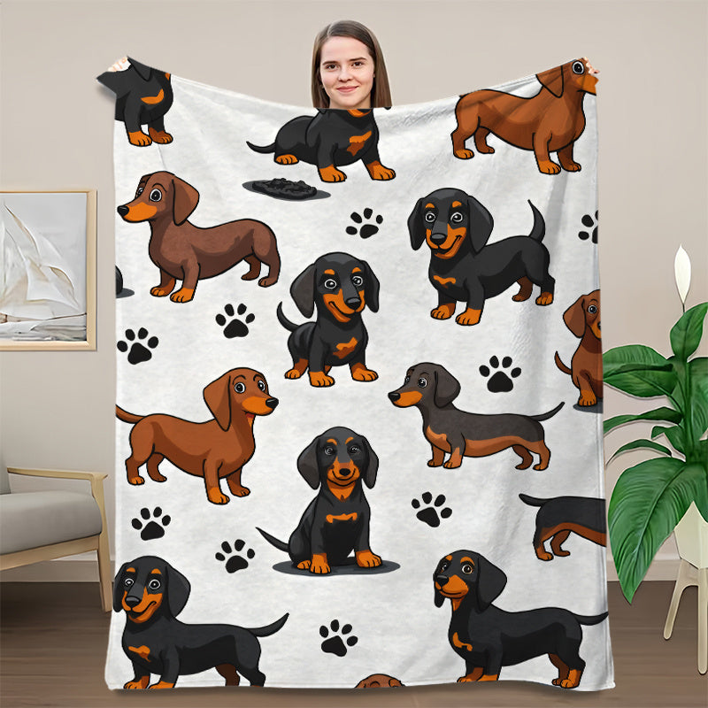 1pc Sausage Dog Pattern Flannel Blanket, Soft Comfortable Warm, Beige White Design, Durable Plush, All-Season Bed Blanket, Warm Cover, Multiple Sizes Available, Suitable for Living Room Sofa, Bedroom Headboard, Reading Corner, Leisure Time