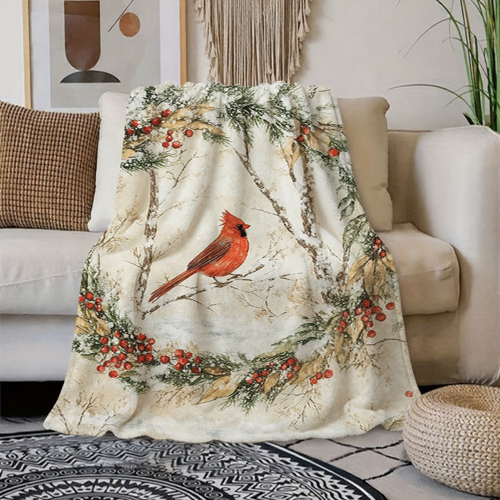 1pc Red Bird and Holly Wreath Christmas Themed Flannel Blanket, Cream White Background with Holiday Decorative Design, Soft Plush Surface for All Seasons, Suitable as a Living Room Sofa Throw, for Reading Time, and as a Soft Accent at the Foot