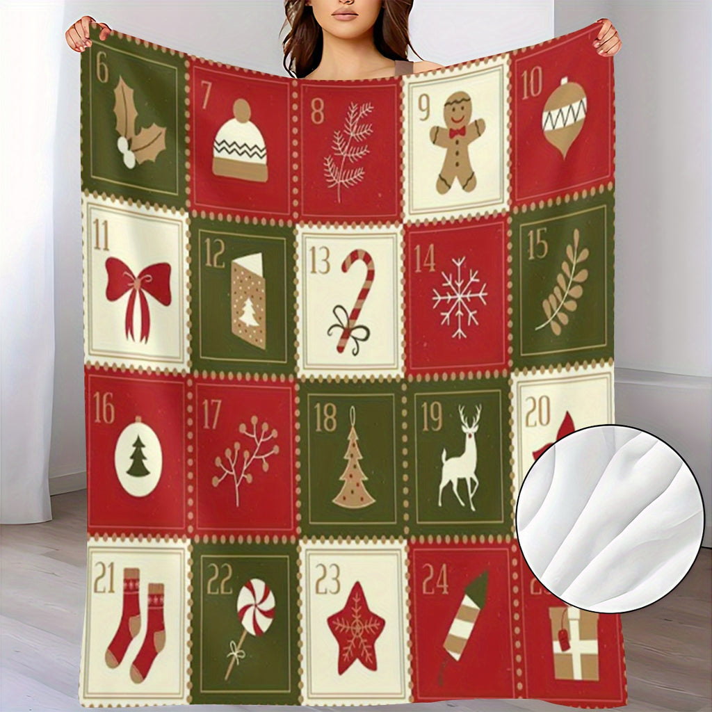 1. Vintage Christmas Pattern Flannel Blanket, Soft And Warm Sofa, Suitable for Travel, Camping, Living Room, Office Chair, All-Season Universal Multifunctional Printed Fleece Blanket