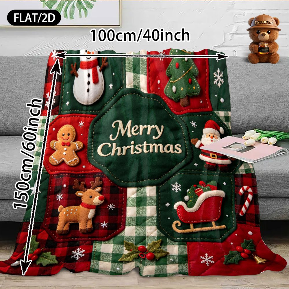 Flat/2D Digital Printing Flannel Blanket Blanket, American Country Style Octagonal Plaid Christmas Snowman Gingerbread for Man Santa Claus Elk Christmas Tree Bell Sleigh Pattern, Soft, Comfortable and Warm Skin-friendly