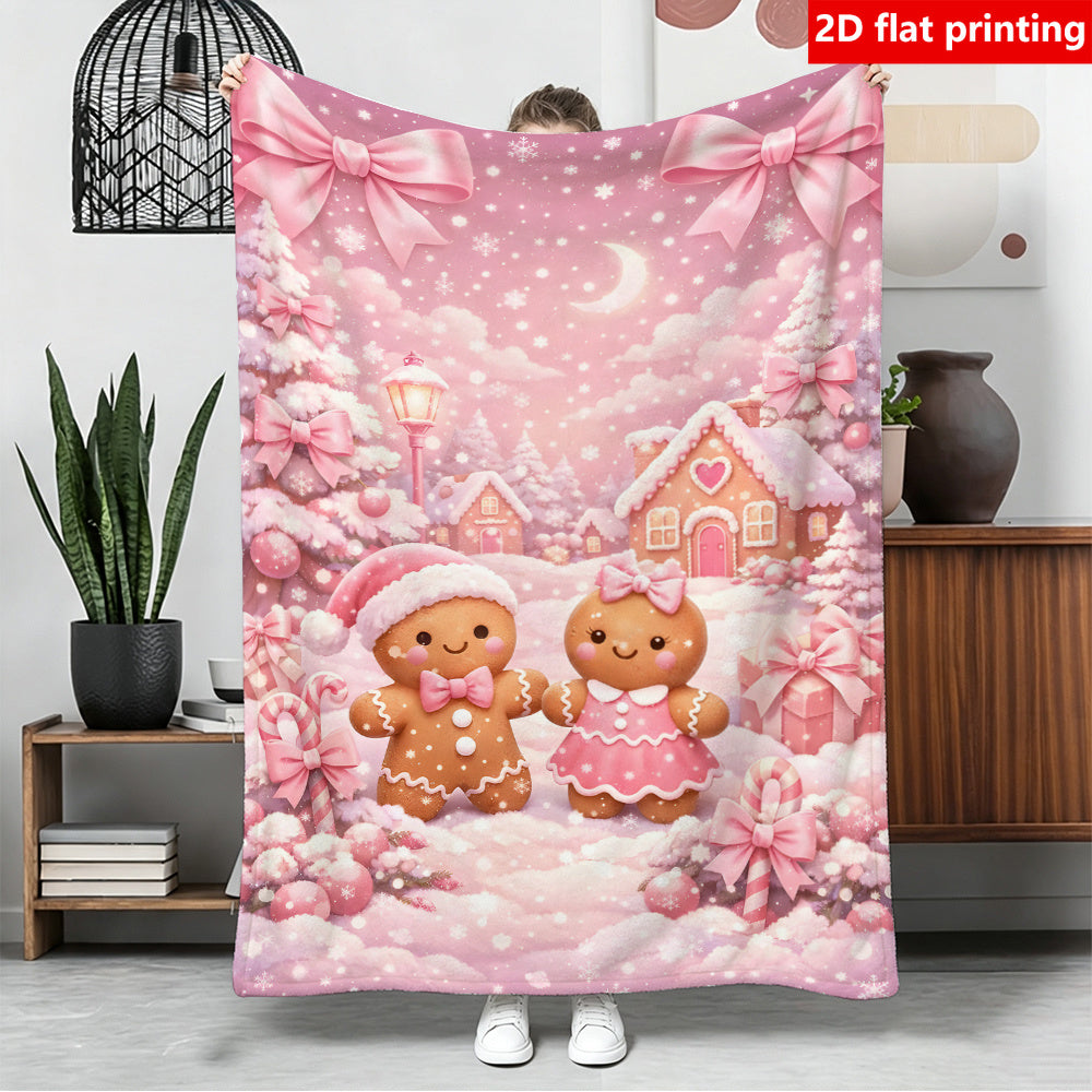 1pc Pink Gingerbread for Man and Christmas Tree Pattern 2D Flat Print Flannel Large-sized Blanket, Full-body Blanket in Multiple Sizes, Christmas Winter Decorative Design, Suitable for Holiday Home Decor, Reading Time, and Seasonal Home Use, 2D Flat