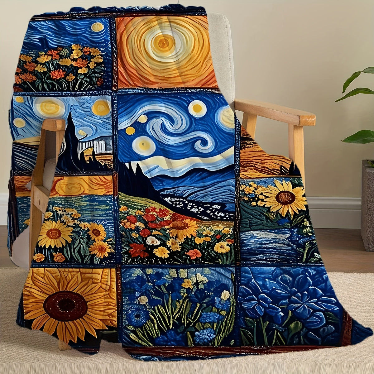 1pc Van Gogh Starry Night Sunflower Print Blanket, Artistic Retro Throw, Ultra-Warm Soft Comfortable Fleece Blanket, Multi-Size Available, Suitable for Living Room Sofa, Bedroom, Office Rest, Outdoor Picnic