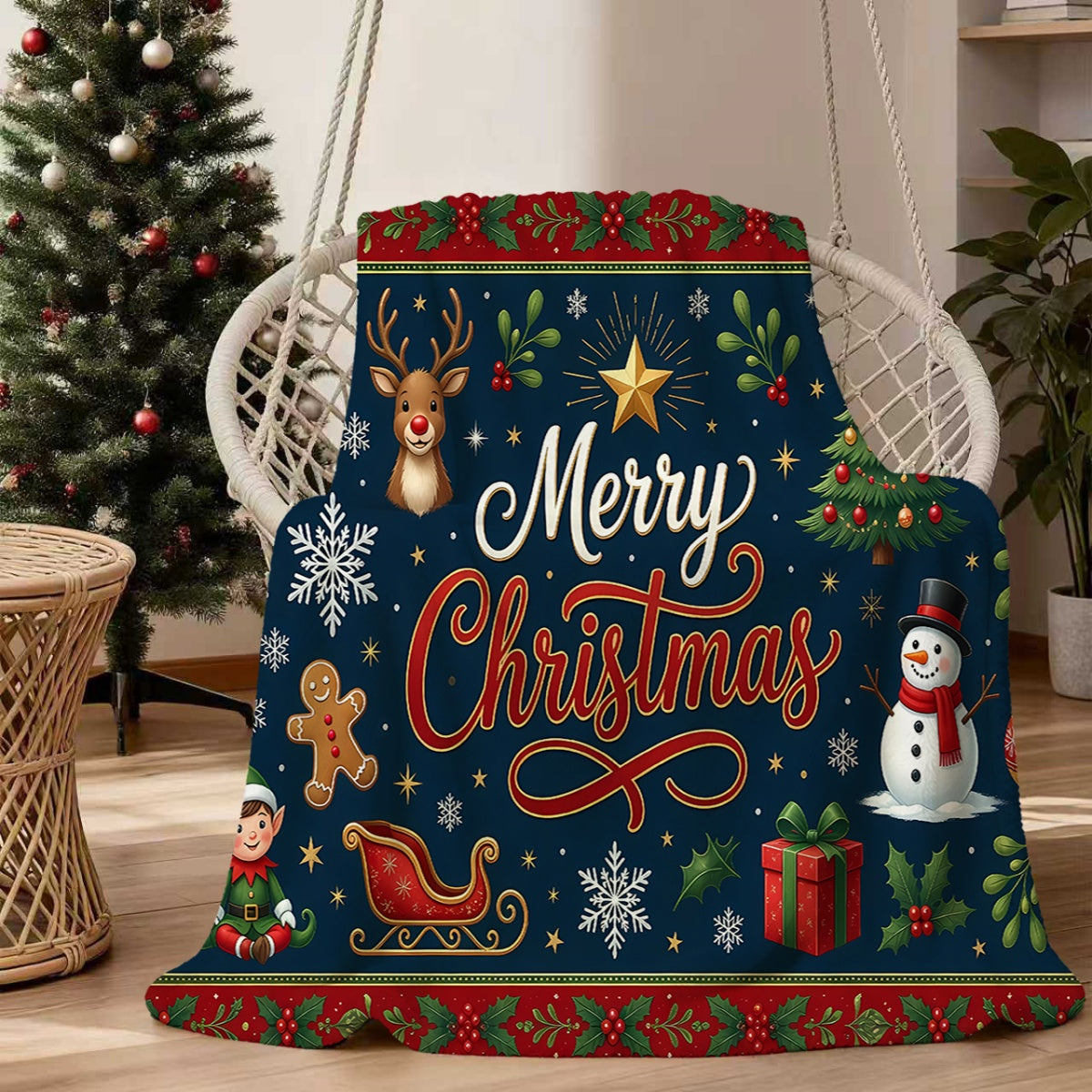 1pc, Santa Claus and Reindeer Pattern Flannel Blanket, Soft, Comfortable, and Warm, Dark Blue Holiday Design, Durable Plush Surface, All-Season Universal Sofa Blanket, Warm Throw Blanket, Multiple Sizes Available, Suitable for Living Room Sofas