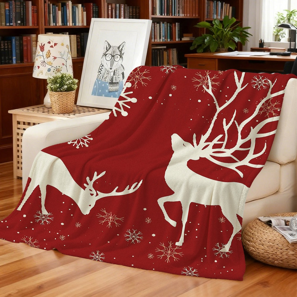 1pc Red Reindeer And Snowflake Pattern Christmas Theme Flannel Blanket, Festive Cozy Design, Soft Plush All-Season Use, Ideal for Weekend Sofa Naps, Home Leisure, And Reading