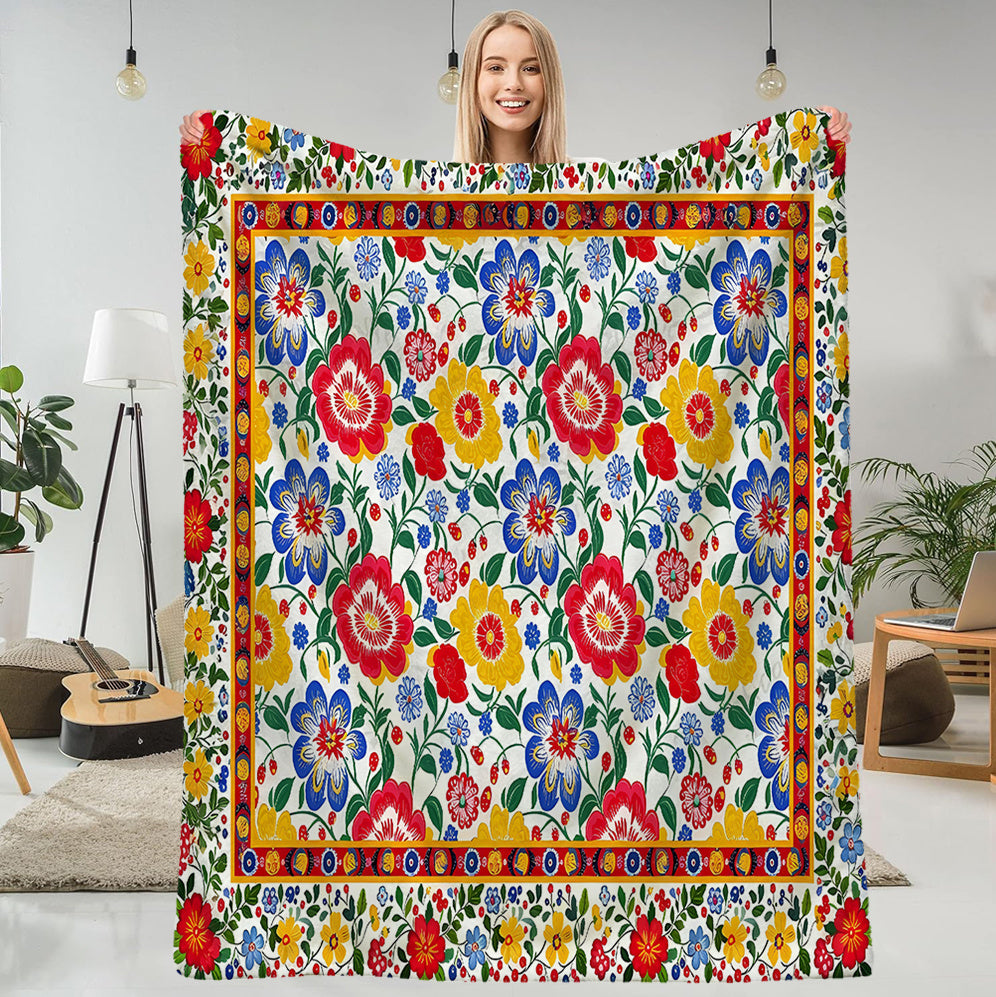 1pc Ethnic Style Floral Patterned Blanket, Retro Design, Soft Plush Surface, Flannel Material Lightweight And Durable, Multiple Sizes Available, Ideal for Holiday Gatherings, Living Room Leisure, Bedroom Warmth, Study Reading, Seasonal Home Decor
