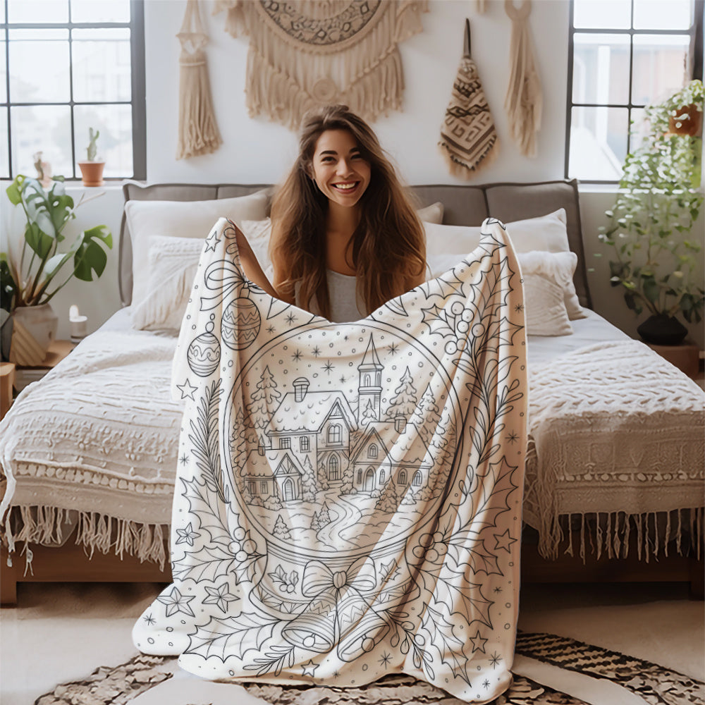 Colored And Decompressed Hand-Painted Wind Blanket - Christmas Crystal Ball Snow Flannel Blanket, Center Crystal Ball Is a Winter Village Hut, with Bows, Bells, Holly Leaves, And Christmas Balls