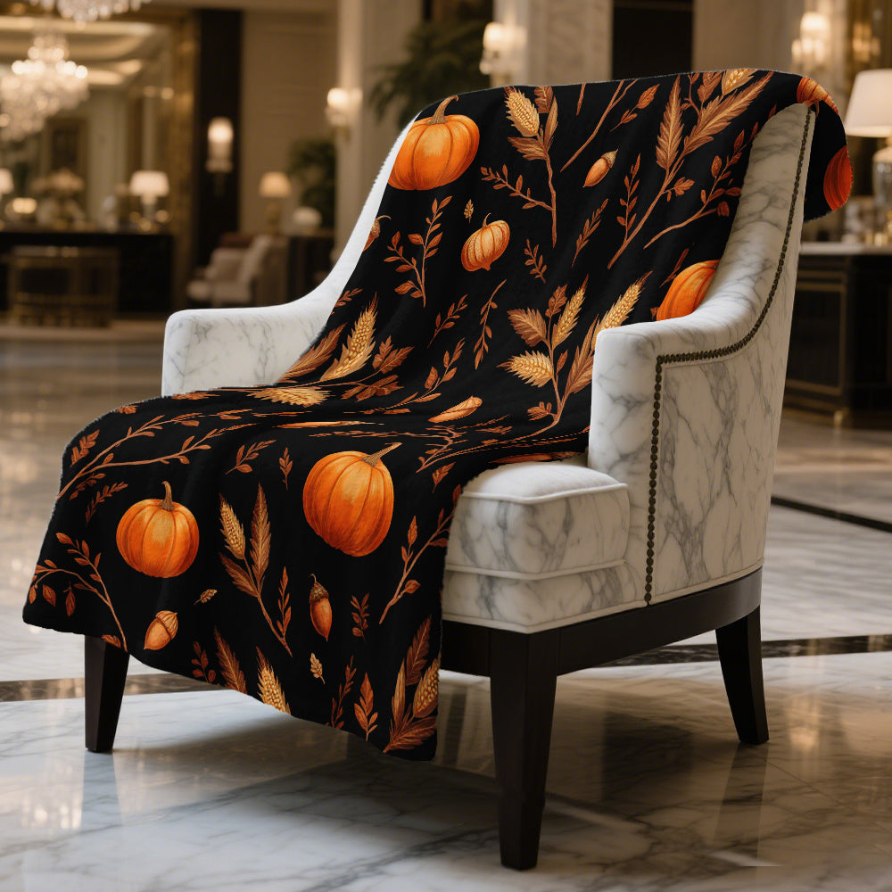 1pc Autumn Pumpkin and Wheat Sheaf Pattern Black Flannel Blanket, Soft, Comfortable, and Warm, Vintage Style Design, Durable Plush Surface, All-Season Universal Bed Blanket, Warm Cover Blanket, Multiple Sizes Available, Suitable for Living Room Sofa