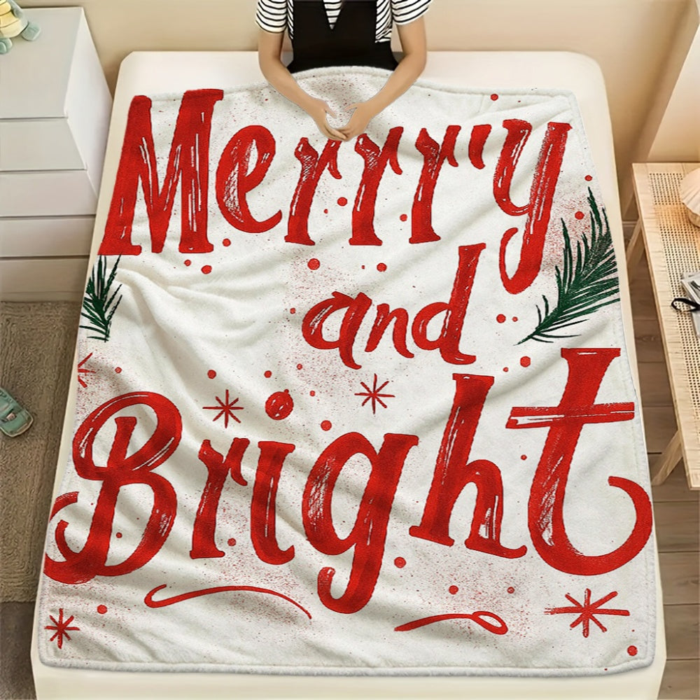 1pc Christmas Red "Merry And Bright" Theme Cream Beige Flannel Blanket, Festive Warm Design, Soft Plush All-Season Use, Suitable for Home Nap, Reading Time, And Dorm Life