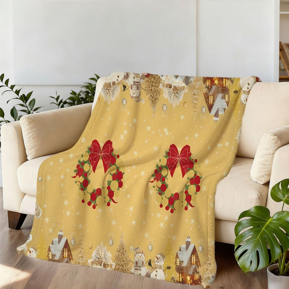 1pc Christmas-Themed Red Wreath And Snowman Pattern Yellow Flannel Blanket, Soft Comfortable Warm, Festive Design, All-Season Blanket, Warm Cover, Multiple Sizes Available, Suitable for Living Room Sofa, Bedroom, Reading Area, Rest Area