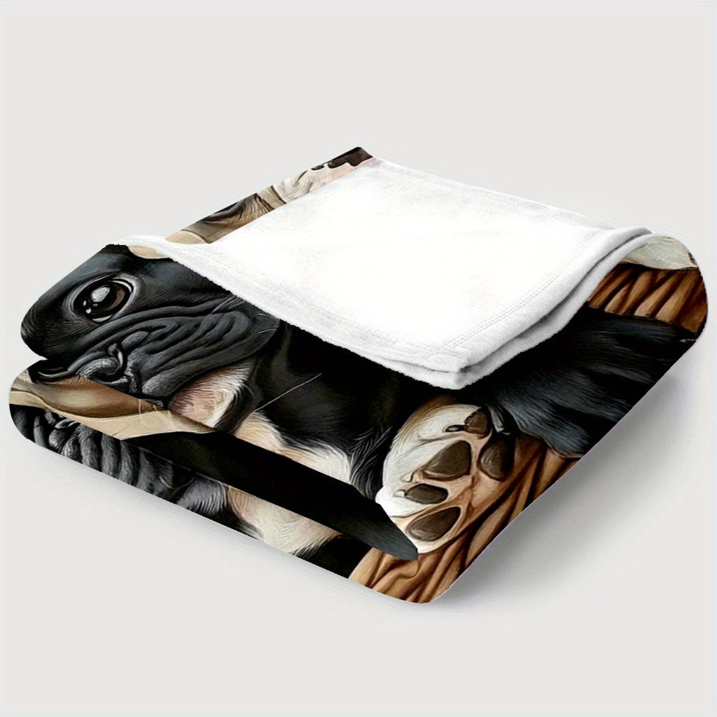 1pc, Adorable Pug Pattern Fleece Blanket, Soft, Comfortable And Warm, Beige And Brown Design, Durable Plush, All-Season Bed Blanket, Warm Cover, Multiple Sizes Available, Suitable for Living Room Sofa, Bedroom Bed, Reading Corner, Leisure Time