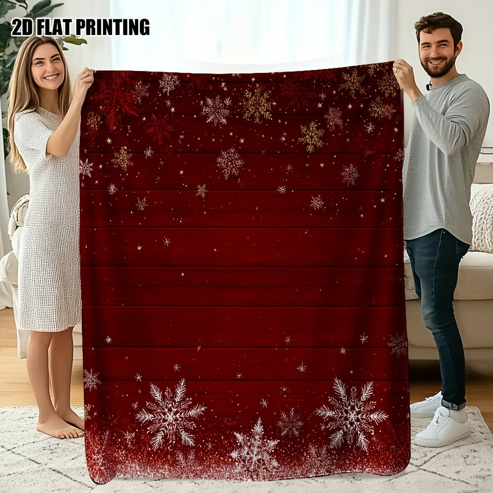 1pc 2D Flat Printing, Red Snowflakes And Golden Stars Blanket - Soft And Comfortable, Christmas Festive Style, Multi-Size Available, Suitable for Living Room, Bedroom, Sofa, And Casual Reading