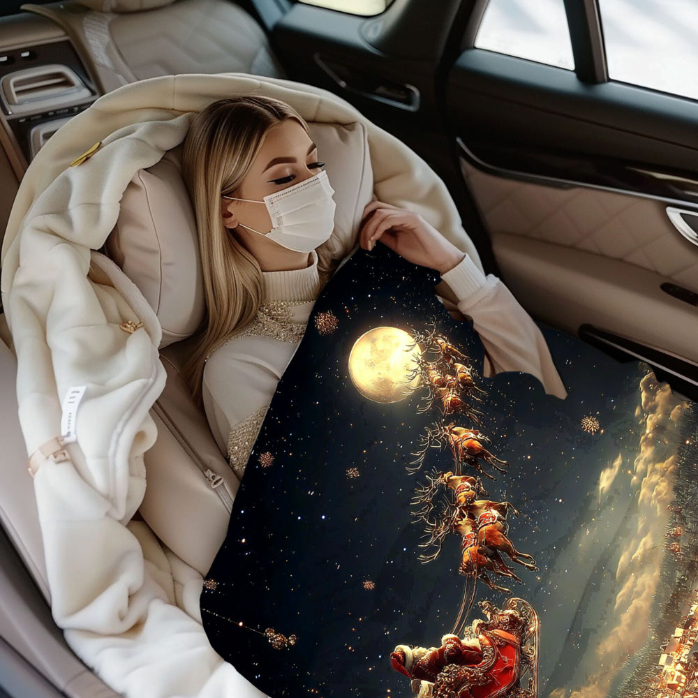 1pc, Santa Reindeer Moon Flannel Blanket - Soft Comfortable Polyester All Seasons Christmas and Halloween Blanket with Santa Sleigh and Reindeer Moon Print, Digital Design, Suitable for Sofas, Travel