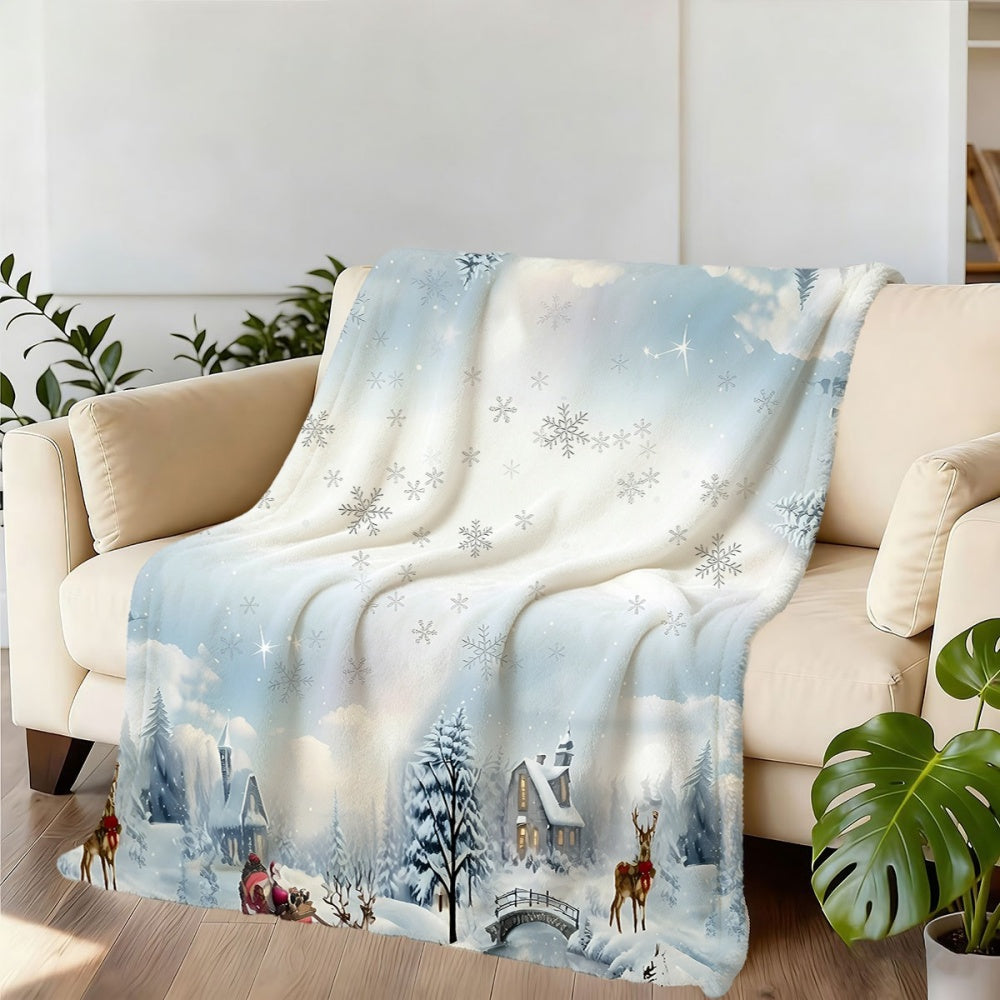 1pc, Christmas Snow Scene with Reindeer and Cabin Pattern, Soft, Comfortable, and Warm White Flannel Blanket, Winter Thermal Throw, Suitable for Living Room Sofas, Bedroom Sofa, Office Break Areas, Reading Nooks, and Holiday Decorations