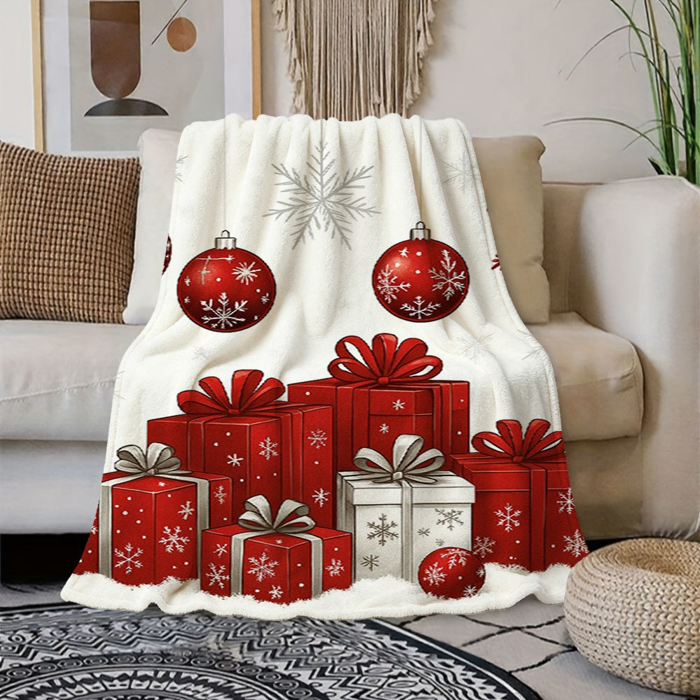 1pc Christmas Gift Box with Snowflake and Red Ball Design Flannel Blanket, Cream White Base for Holiday Decoration, Soft Plush Surface Suitable for All Seasons, Ideal for Holiday Home Decor, Reading Time, and Bed End Soft Furnishing Accents