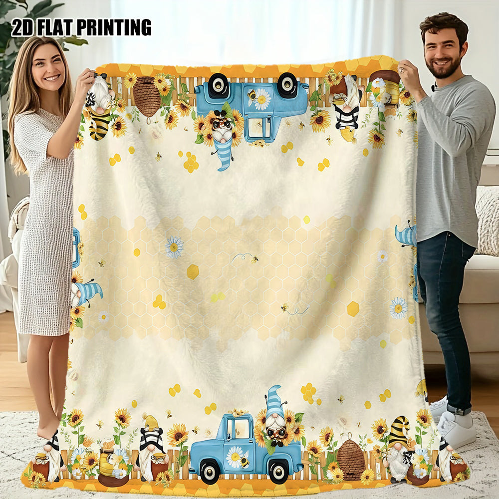 1pc Pastoral Bee Pattern Blanket, Cartoon Style Design, Soft Plush Surface, Flannel Material Lightweight And Durable, Multiple Sizes Available, Ideal for Holiday Gatherings, Living Room Leisure, Bedroom Warmth, Study Reading, Seasonal Home Decor
