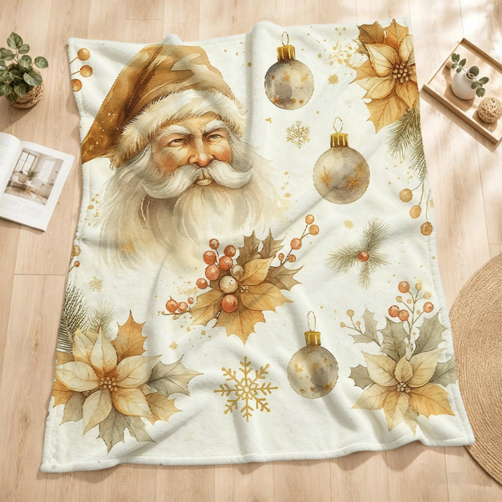 1pc Santa Claus And Red Ball Floral Decor Cream Beige Flannel Blanket, Festive Warm Design, Soft Plush All-Season Use, Suitable for Home Nap, Reading Time, And Weekend Sofa Relaxation