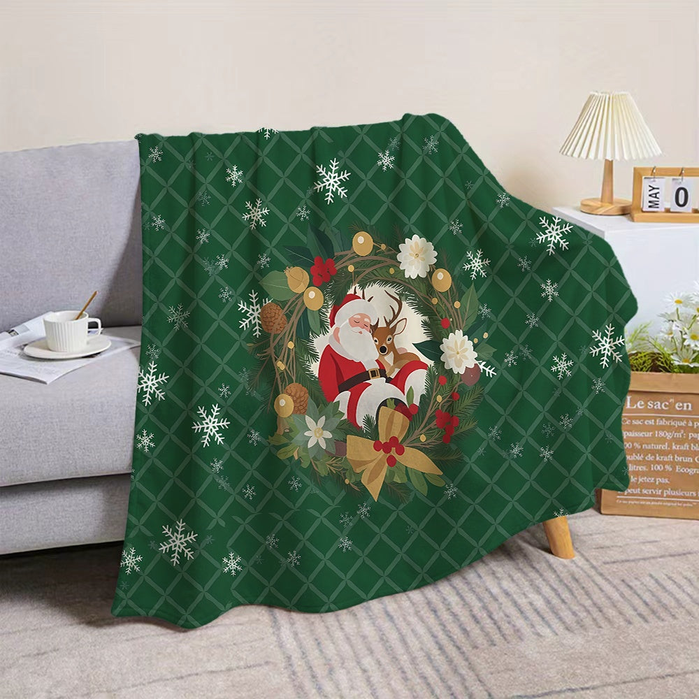 Santa Claus and Reindeer Wreath Pattern, Green Plaid Design Flannel Blanket, Soft, Comfortable, and Warm, All-season Sofa Throw, Warm Cover Blanket, Suitable for Living Room Sofas, Bedroom, Leisure Reading, Holiday Decoration, and Winter Warmth